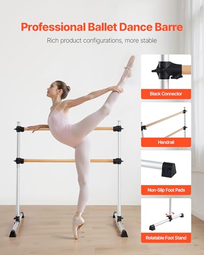 4ft Wooden Ballet Barre for Home & Studio - Silver Adjustable Freestanding Dance Bar