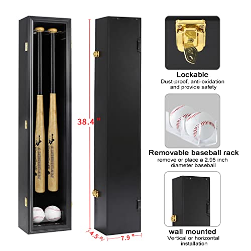 HOROW Double Black Baseball Bat Display Case Wall Mount with UV-Proof Acrylic & Lock