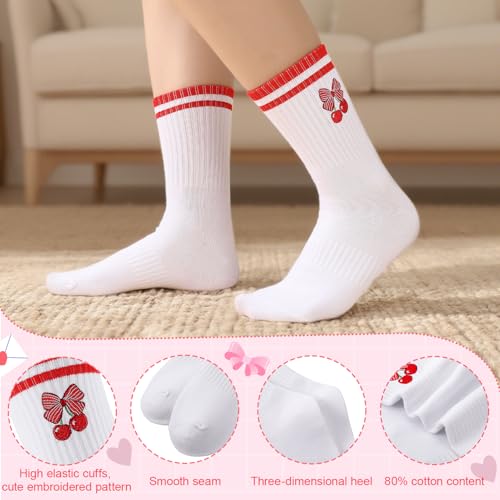 Cute Cherry Crew Socks for Women and Girls - 6 Pairs White Socks