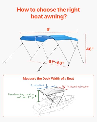VEVOR 3 Bow Boat Bimini Top Cover 6ft Sun Shade Waterproof Canopy Pacific Blue