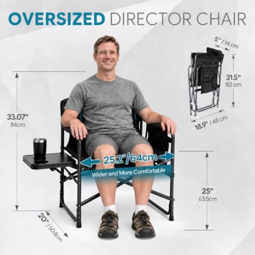 Oversized Padded Director Chair with Side Table - 31.5" Folded Height, Camping & Outdoor Use