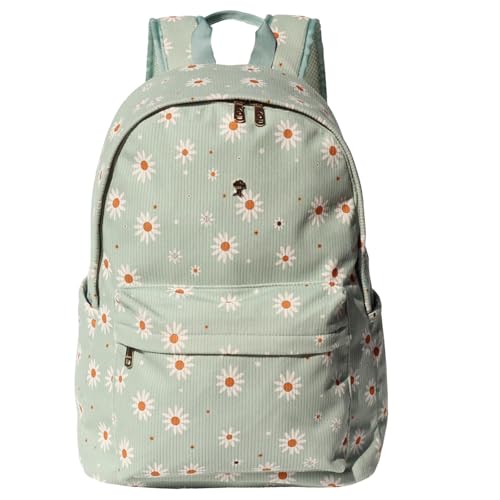 Corduroy Travel Backpack with Floral Matcha Daisy Print Waterproof & Spacious