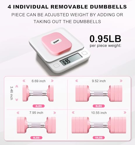 Pink Adjustable Dumbbell Set 10LB Each - Space-Saving Hand Weights for Women Men