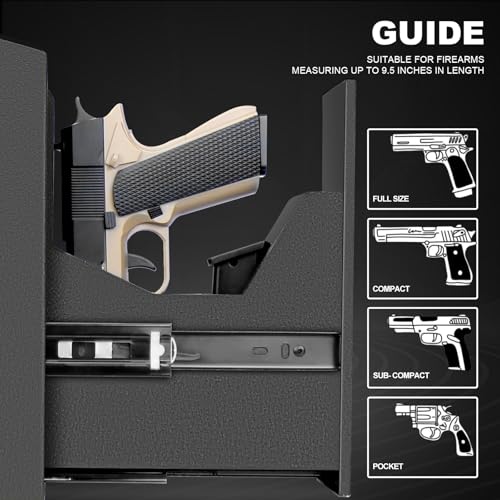 Biometric Slider Handgun Safe with LCD Screen, Temp & Humidity, Key & PIN Access - Heavy Duty