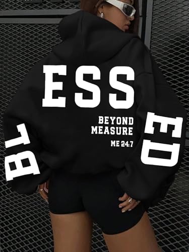 Christian Women Hoodies Blessed Sweatshirt Jesus Religious Saying Large Black