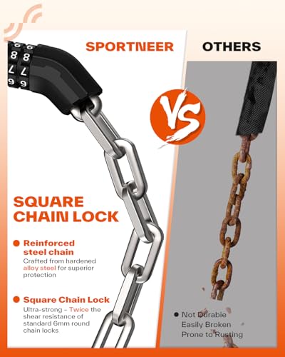 Heavy Duty Bicycle Chain Lock, 5-Digit Resettable Combination, 3.2ft, Anti-Theft Security