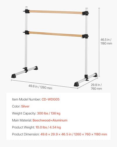 4ft Wooden Ballet Barre for Home & Studio - Silver Adjustable Freestanding Dance Bar