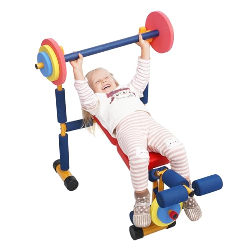 Kids Workout Bench Set with Adjustable Barbell and Soft Foam Padding - Indoor Play Gym for Ages 3+