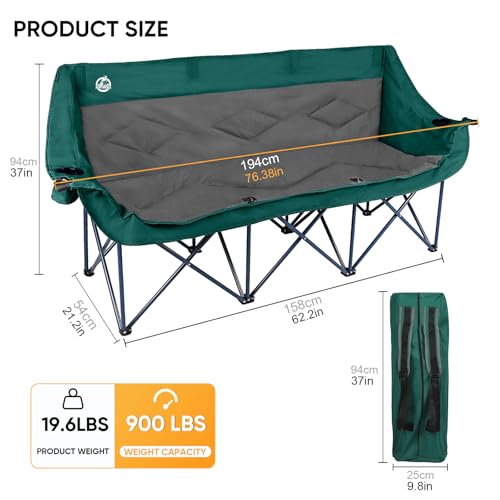 Northroad Oversized 3-Person Camping Loveseat Chair Dark Green & Grey - Heavy Duty Foldable Outdoor Seating with Cup & Wine Glass Holders