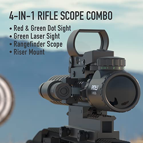 Pinty 3-9x32 4-in-1 Tactical Rifle Scope Set with Red-Green Dot & Green Laser