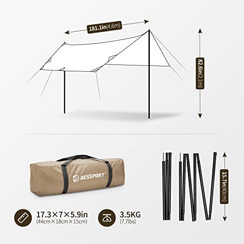 Khaki Camping Tarp 16x9.8ft with Poles Waterproof Rain Fly for Outdoor Travel