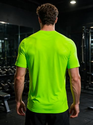 Mens Fitted Quick Dry Workout Shirts - Running Athletic Gym Tee Large Neon Green