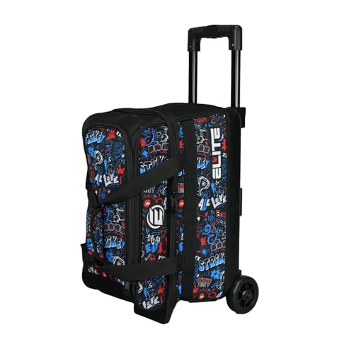 Bowling Ball Roller Bag with Wheels - Double Ball, Graffiti Print, Shoe Compartment, Extendable Handle