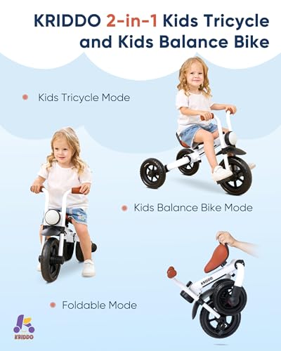 KRIDDO 2-in-1 Foldable Balance Bike & Tricycle for Toddlers, White