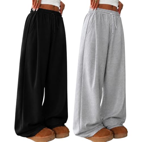 Teen Girls Wide Leg Sweatpants 2 Pack with Pockets High Waist Baggy Pants - Black & Grey 15-16 Years