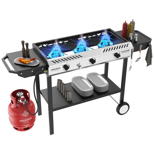 Outdoor Propane Gas Stove with Side Shelves - 3 Burner, 225,000 BTU, Ignition & Regulator