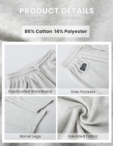 SeekMe Women’s Barrel Leg Sweatpants with Pockets, Drawstring Waist – Heather White, Medium