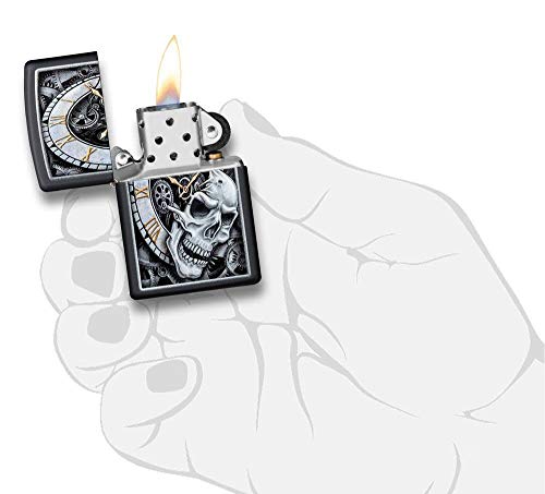 Zippo Skull Clock Design Black Matte Pocket Lighter - Black Ice Rib Cage Variation