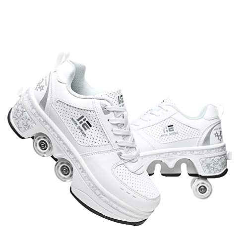 Pairobin 2-in-1 Roller Skates Shoes for Girls & Boys, White, Size 3.5