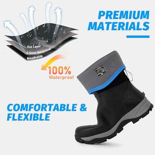 Trudave Men's Black Rubber Rain Boots with Steel Shank, Waterproof Insulated Mid-Calf Work Boots 5.5mm Neoprene, Size 11