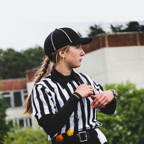 Skiennix Men's Referee Costume Set - 4 Pcs with Zipper Ref Shirt, Whistle & Penalty Flags
