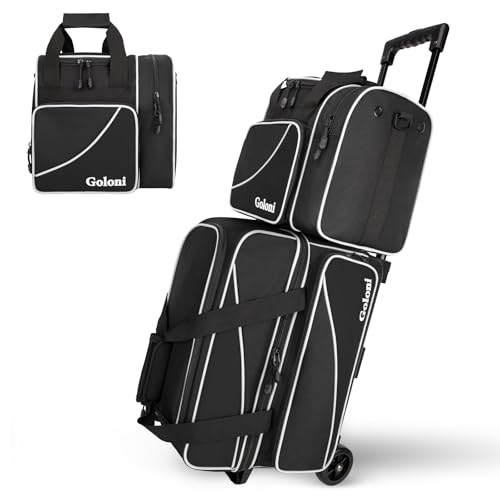 Goloni 3-Ball Bowling Bag with Wheels - Black, Double Roller with Shoe Compartment
