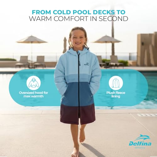 Delfina Kids Swim Parka for Ages 9-14, Water-Resistant Unisex Youth Jacket with Removable Sleeves & Hood, Blue