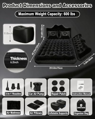 Umbrauto Car Air Mattress Black - Backseat Inflatable Truck Bed for SUV & Van with Pump & Pillows