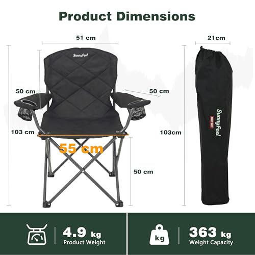 SUNNYFEEL Carbon Black XXL Oversized Camping Chair 800LBS Heavy Duty Folding Lawn Seat with Armrest & Cup Holder