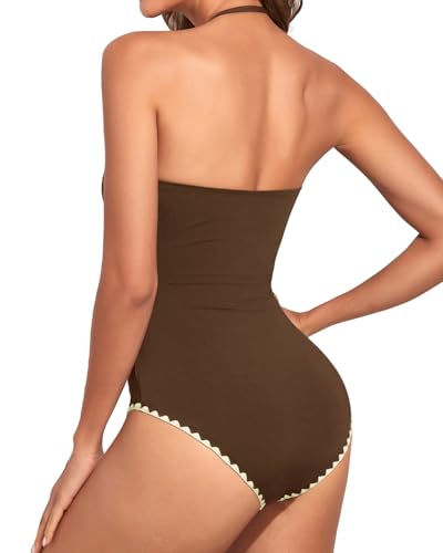 Holipick Women Tummy Control One Piece Swimsuit - Medium, Brown & White