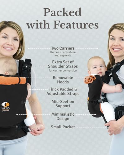 Twin Baby Carrier for 2 Kids – Adjustable Front & Back Twin Carrier, Supports 9.9–45 lb, Includes Sleep Hoods & Seat Belt – Classic Black