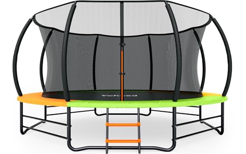 Yohood 14FT Outdoor Trampoline with Enclosure, Stabilizer Bars & Galvanized Frame