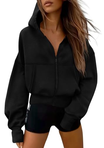 Women’s Black Medium Zip Up Hoodie Fleece Sweatshirt Casual Fall Jacket