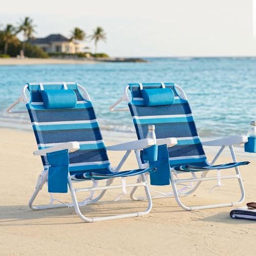 Blue Stripe Folding Beach Chair 2 Pack with Mesh Fabric & Cooler Bag