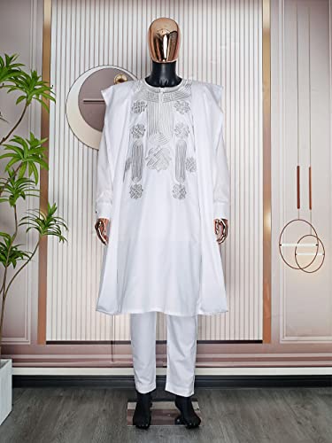 HD African Mens Agbada Outfit Set 3 Pieces White 4X-Large Embroidered Dashiki Shirt and Pants