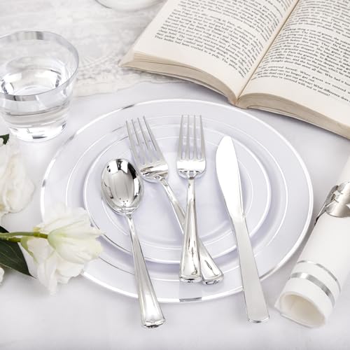 Silver Disposable Plastic Plates Set for 100 Guests - Includes 100 Dinner & Dessert Plates, 300 Cutlery, Cups, Napkins - Elegant Partyware