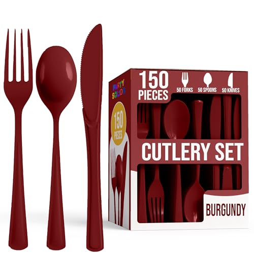 Burgundy Plastic Disposable Cutlery Set 150 Pcs - Forks Spoons Knives