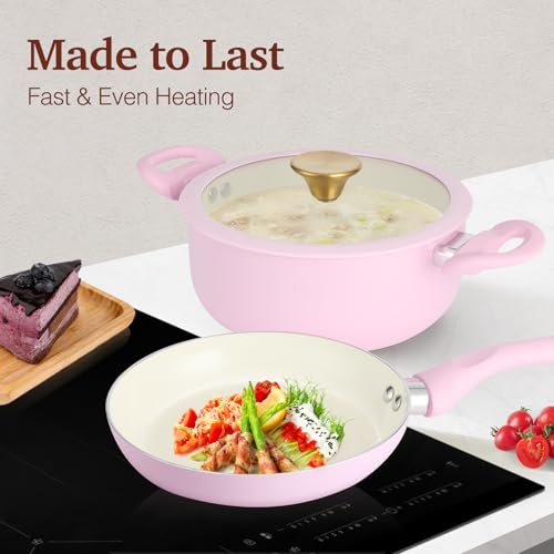 Pink Ceramic Non-Stick Pots and Pans Set 11pcs - M MELENTA, Compact Kitchen