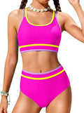 Hot Pink Tween Girls Sporty Color Block Bikini Set with Adjustable Straps Size 13-14 Years