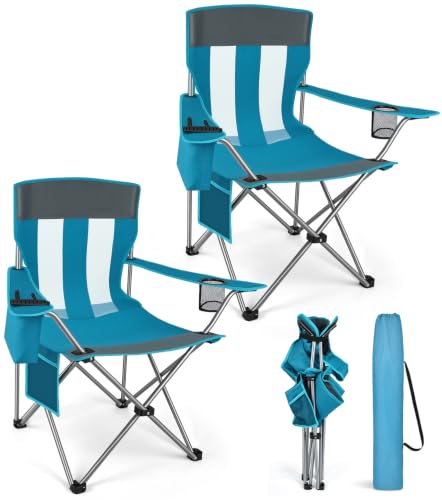 JTSIOV 2-Pack Lightweight Folding Camping Chairs with Cooler Bag, Mesh Backrest & Cup Holder