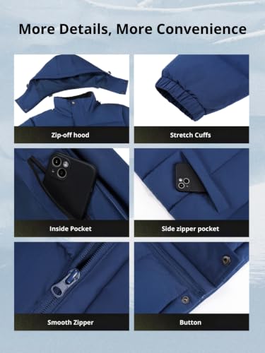 Men's Winter Coat with Detachable Hood - Water-Resistant & Windproof, Blue, Large