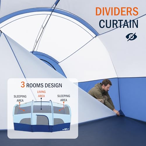 Blue Family Camping Tent for 8 Persons, 3 Rooms, Waterproof with Rainfly
