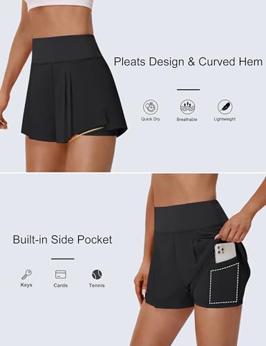 Women's 2-in-1 High Waist Running Shorts with Pockets - Black, Large
