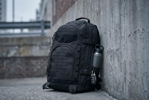 HIGHLAND TACTICAL Foxtrot 38L Large Black Tactical Backpack for Hiking & Travel