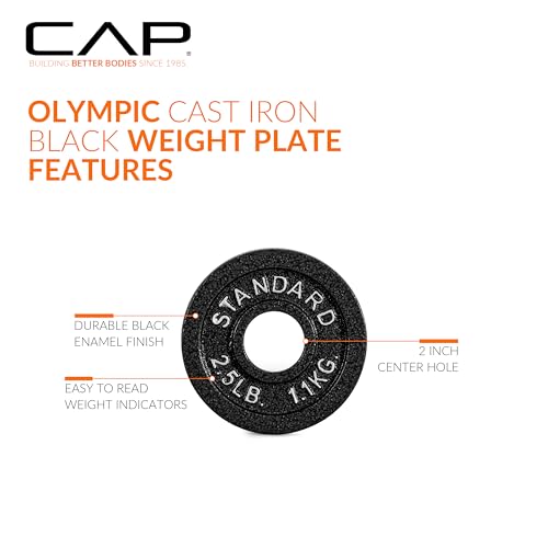 CAP 110lb Olympic Cast Iron Weight Plate Set - Black, 2-Inch Plates for Strength Training