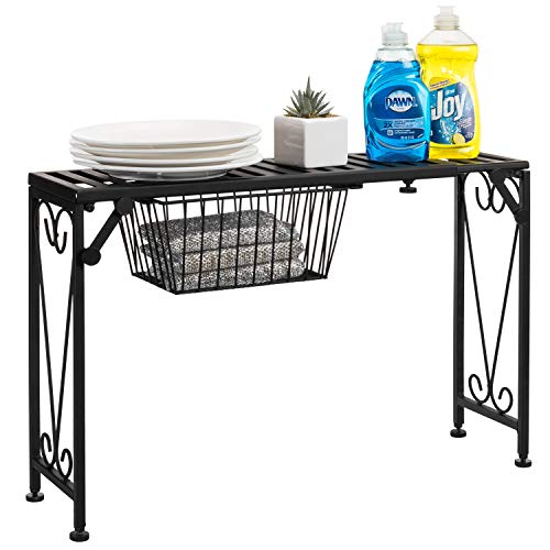 MyGift Black Expandable Over Sink Shelf with Pull-Out Mesh Drawer - Adjustable Kitchen Organizer