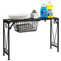 MyGift Black Expandable Over Sink Shelf with Pull-Out Mesh Drawer - Adjustable Kitchen Organizer
