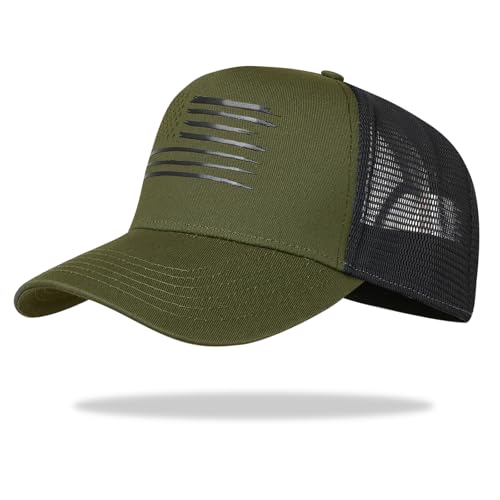 Green & Black Oversized American Flag Baseball Cap for Men & Women - Big Head Adjustable Snapback Hat - Patriotic Mesh Trucker Hat
