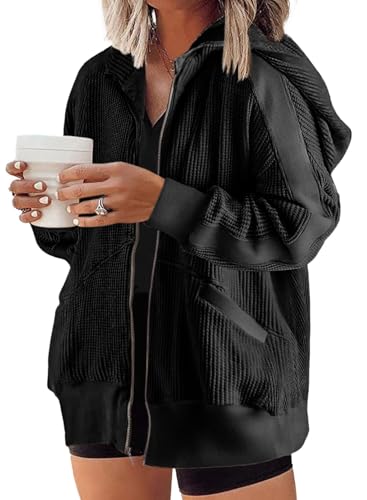 Eytino Plus Size Black Zip Up Hoodies for Women Oversized Waffle Knit Sweatshirt 3X