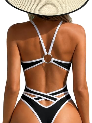 Women’s Cheeky V-Neck One-Piece Swimsuit – Medium, 173 White & Black